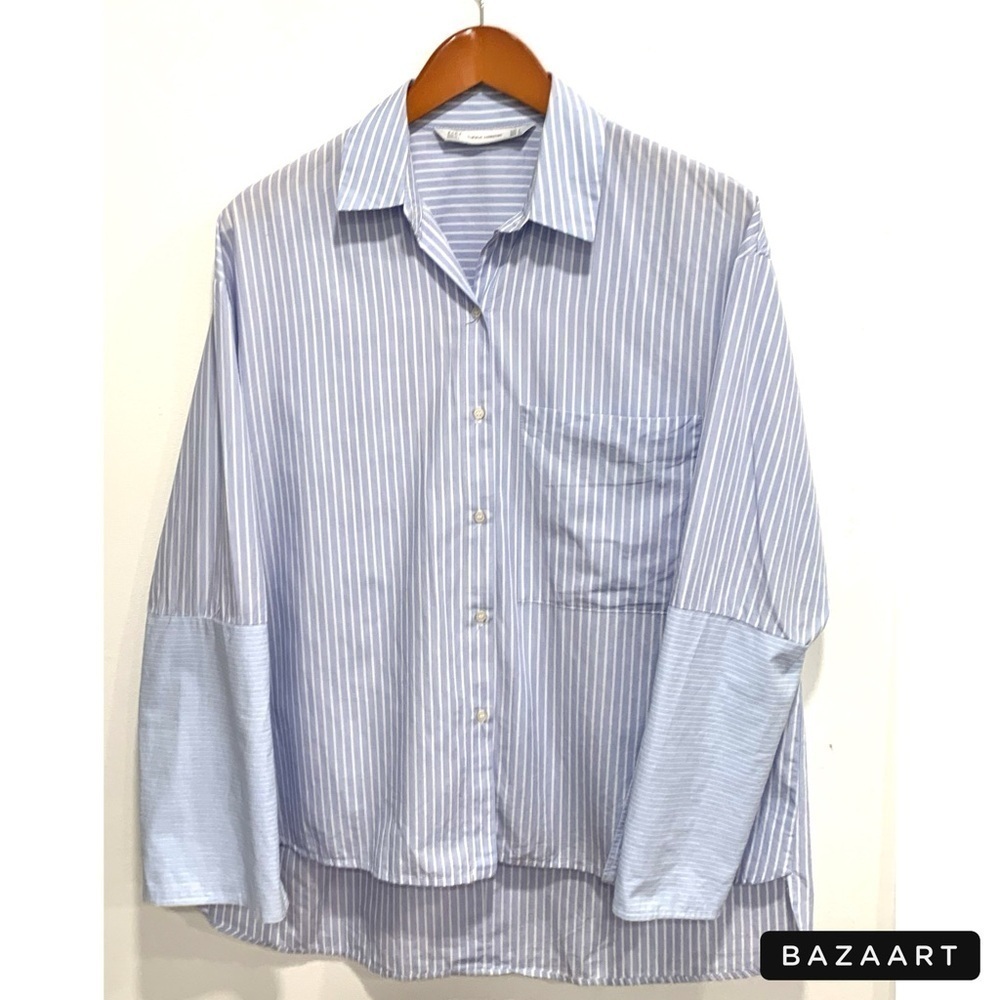 Zara Trafuc button down women's stripped bleu and white blouse sz:small